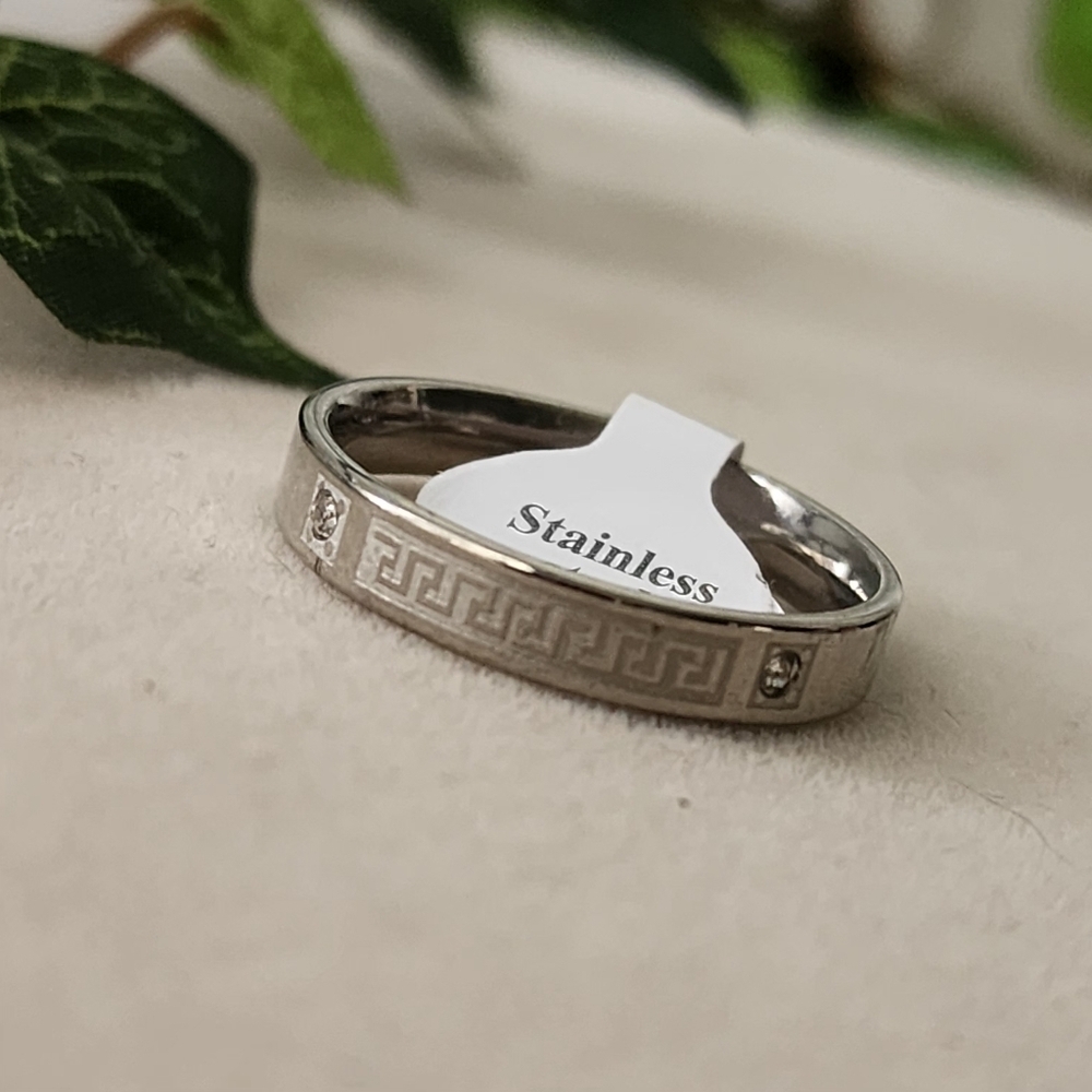 Silver Stainless Steel Band Ring with Greca Greek Key Design